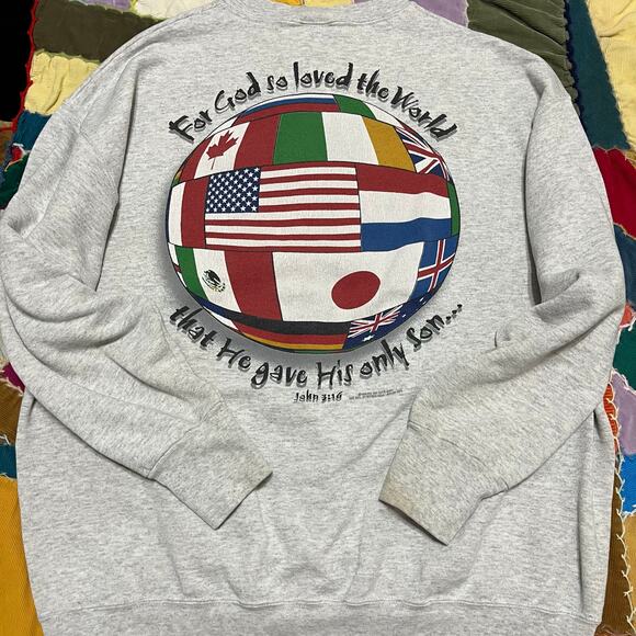 Vintage John 3:16 Jesus Christian Worldwide Grey Crewneck XL - Picture 1 of 7